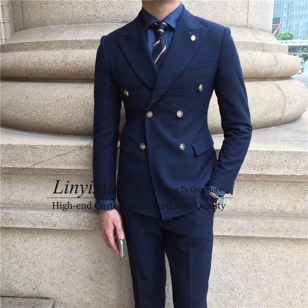 

new tailored navy blue suit men groom tuxedo slim fit 2 piece double breasted blazer prom wedding suits terno jacket+pant, White;black