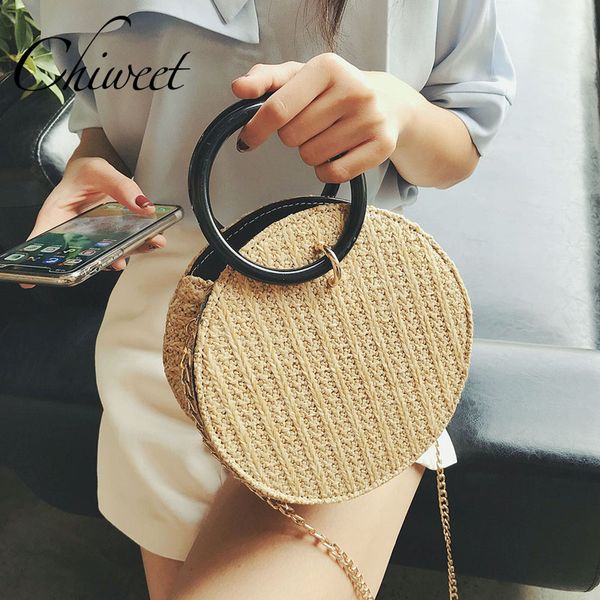 

women round handle woven straw bag summer beach circle holiday handbags bali small messenger shoulder bags