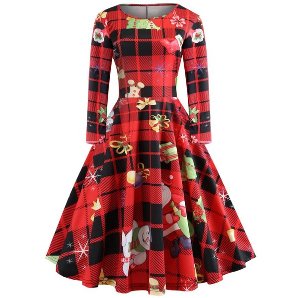 

plus size christmas print criss cross dress christmas print party dress autumn long sleeves vestidos costumes, Silver