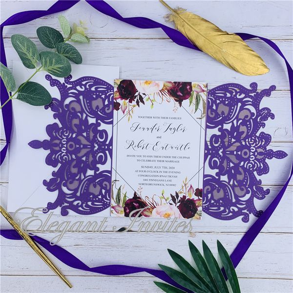 

european customize print high-end plum wedding invite card laser floral glittery engagement baptism laser invitations card