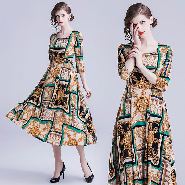 

summer new women's clothing high-end temperament retro dress for lady fashion beautiful printing round neck large waist lady's dre, Black