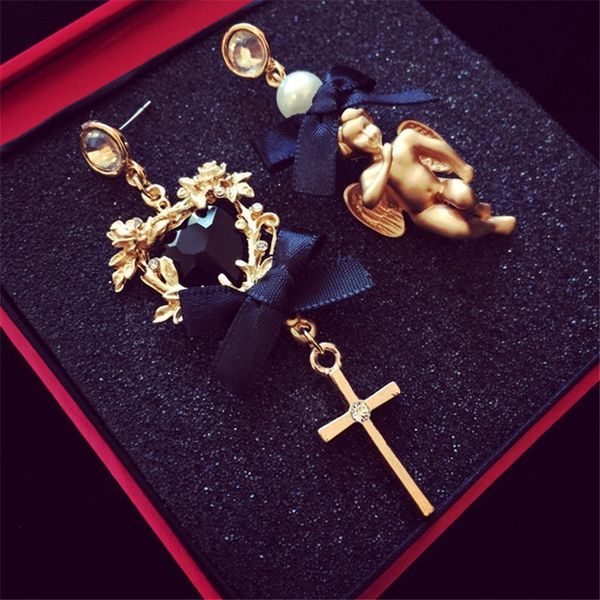 

новый euramerican дворец урожай барокко стиль бренда ювелирных изделий шнурок смычка angel cross pearl серьги pendientes женщины аксессуары, Silver