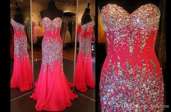 

2019 major beading mermaid evening gowns with sweetheat pleat beads crystal chpel train chiffon prom dresses long personalized pageant gowns, Black;red