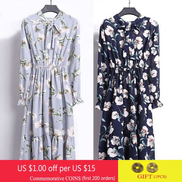 

women chiffon shirt dress spring fashion korea a line bow fit slim party dresses casual vintage floral print midi dress vestidos, Black;gray