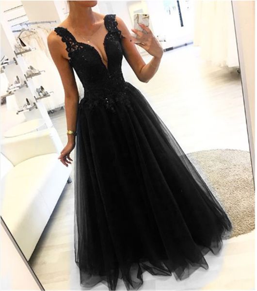 

black tulle long evening dress 2019 appliques a line floor length prom gowns custom made vestido de fiesta