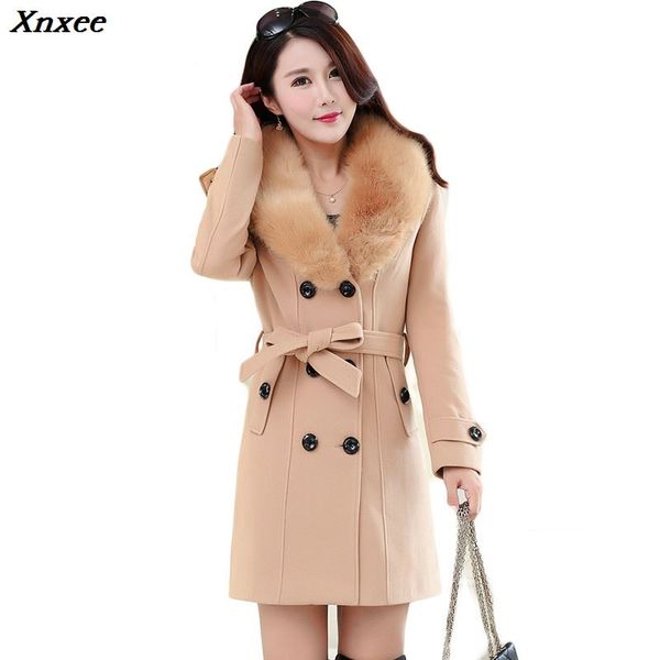 

plus size 2019 new winter womens double breasted big fur collar wool coat long winter jackets parka coats outerwear high quality, Black