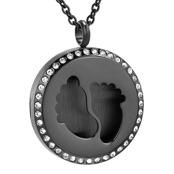 

ijp0357 stainless steel cremation black inlay crystal round footprint urn necklace ashes urn memorial pendant beautiful gift jewelry, Silver