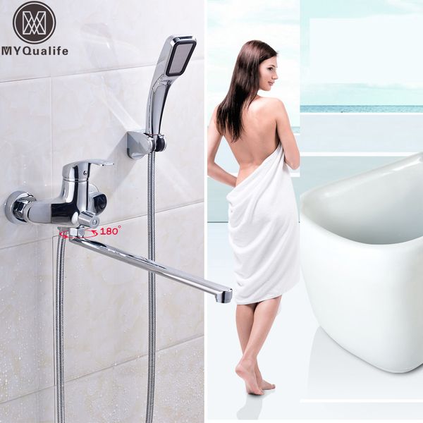 

chrome 395mm length outlet tub faucet rotated brass bath shower faucet wall mounted with handshower and bracket