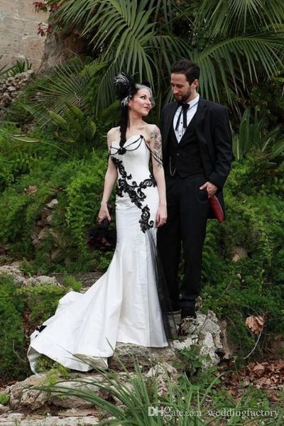 Винтажные готические свадебные платья с русалкой, черно-белые кружевные аппликации в форме сердца, свадебное платье длиной до пола, свадебные платья, халаты de 239L