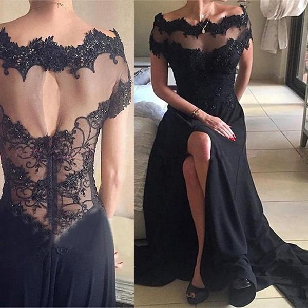

2019 черное кружево мать невесты Платья от Shhoulder Sheer шеи короткими рукавами спереди