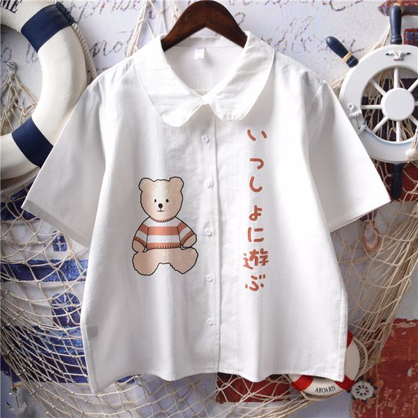 

childlike cute bear japanese letter printing peter pan collar cotton short-sleeved white shirt female