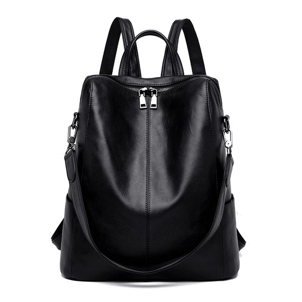 

women casual backpack pu leather female daily out bagpack black youth multi-function bag large capacity smooth