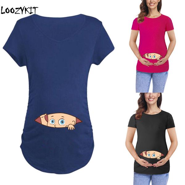 

loozykit summer maternity pregnancy t shirt women cartoon tee baby print staring pregnant clothes funny t-shirt plus size s-3xl, White