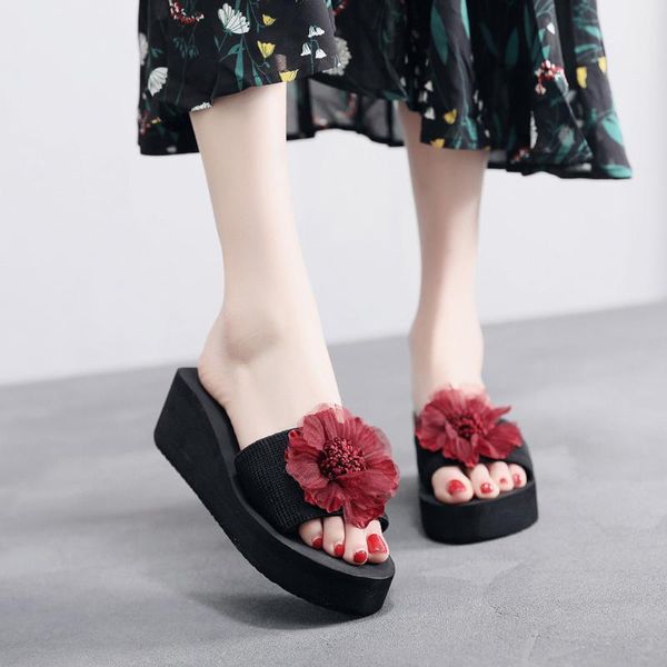 

women's bohemian flower wedges slippers summer flower home wedges non-slip beach shoes sandals flip flops slippers mujer