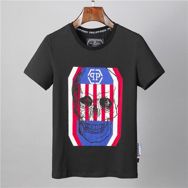

send 2019 new fashion printed phillip short-sleeved men's brand summer men's casual t-shirt skull head drilled cotton t-shirt, White;black
