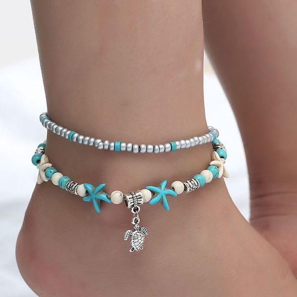 

vintage shell beads starfish sea turtle anklets for women new multi layer anklet leg bracelet handmade bohemian jewelry ne77, Red;blue