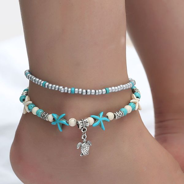 

vintage shell beads starfish sea turtle anklets for women new multi layer anklet leg bracelet handmade bohemian jewelry ne77, Red;blue