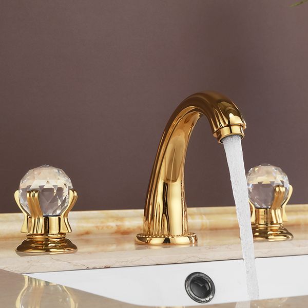 

gold crystal and solid brass 3 holes widespread bathroom sink faucet new and cold water vanity basin mixer tap