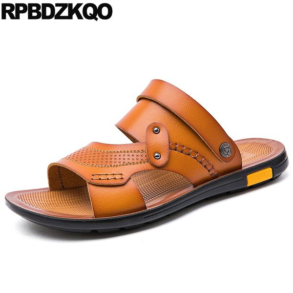 

men sandals leather summer flip flop slides beach designer metal brown slip on 2019 fashion waterproof yellow shoes slippers, Black