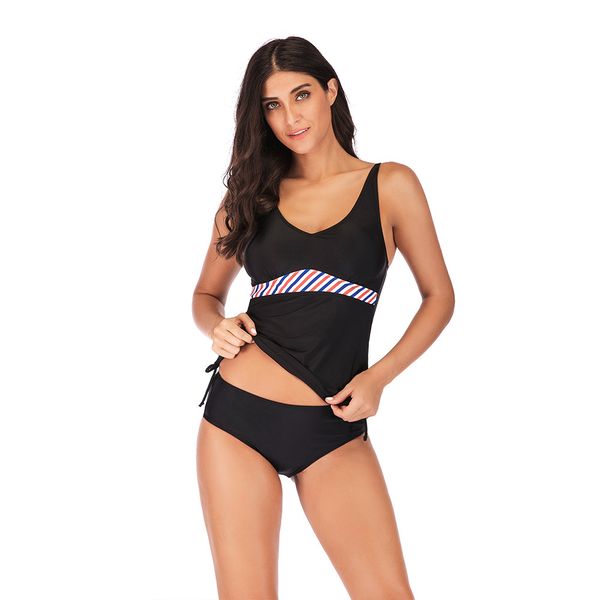 

jamais vu women swimming suit two-piece high waist side striped bow plus size bathing suit halter top, White;black