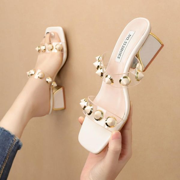

sandals anance 2021 summer open-toe rivet women's high-heeled shoes transparent thick heel with thin belt, Black