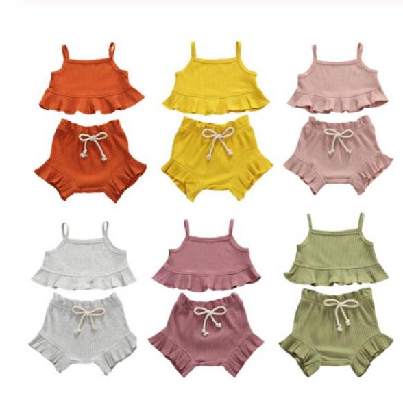 

summer toddler girls outfits set casual sleeveless ruffle vest shorts sunsuit baby clothing set, White