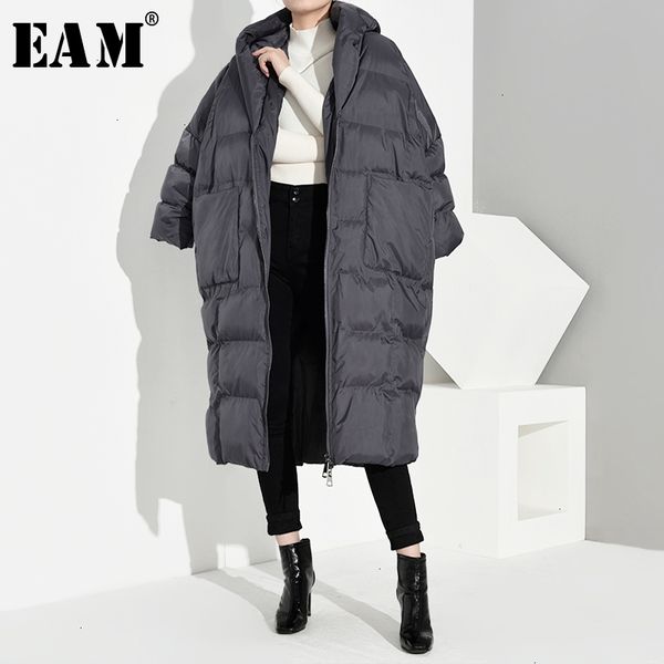 

eam] hooded warm big pocket long cotton-padded coat long sleeve loose fit women parkas fashion new autumn winter 2019 jd121, Black