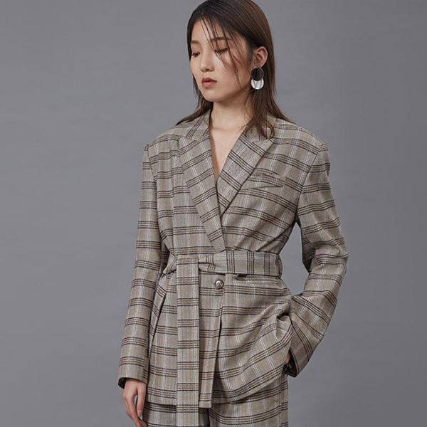 

spring autumn new fashion england style design ins blazer female professional plaid outerwear with belt jacket f1016, White;black