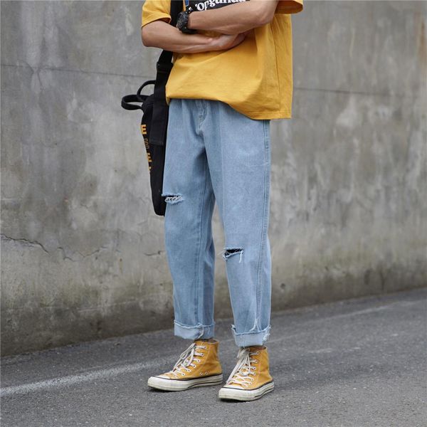 

wholeslae 2019 washing hong kong summer loose cut hole trousers straight ankle length pants beggar rotten feet hip hop jeans, Blue