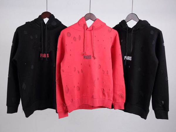 

18ss winter europe france paris american fashion luxury vintage broken hole sweatshirt casual women men hoodies streetwear design, Black