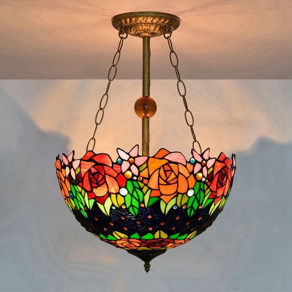 

16 inch romantic rose shade lamp vintage stained glass pendant lamps living room l led droplight bed room deco lampe