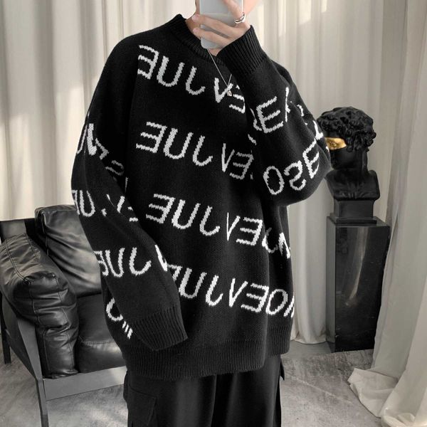 

mosevjue letter striped men sweater pullover oversized england style band clothes, White;black