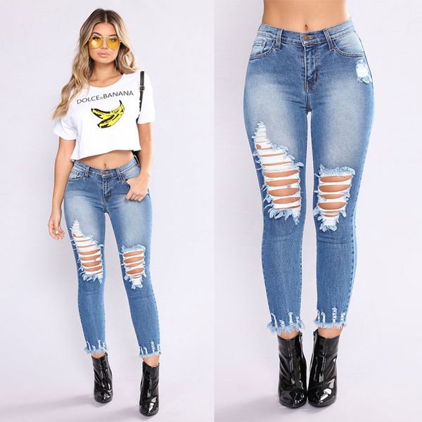 

europe and america new style women's pants fashion slim fit with holes foreign trade export skinny cowboy trousers eb, Blue