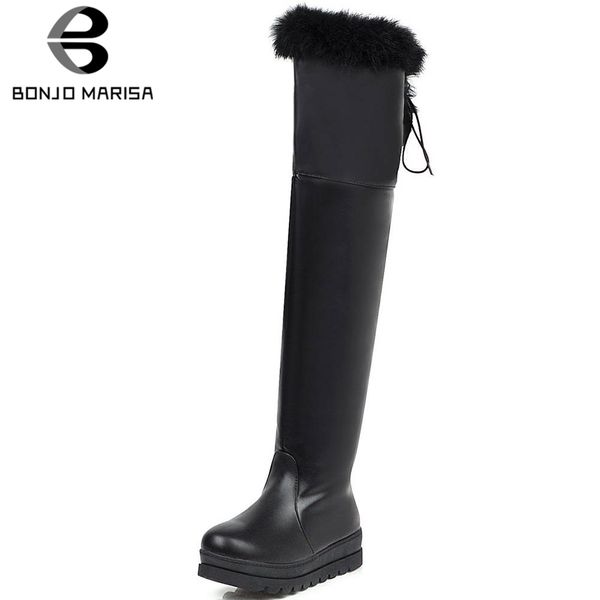 

bonjomarisa new 34-43 winter warm knee high boots women 2019 casual flat platform fur boots ladies wedges shoes woman, Black