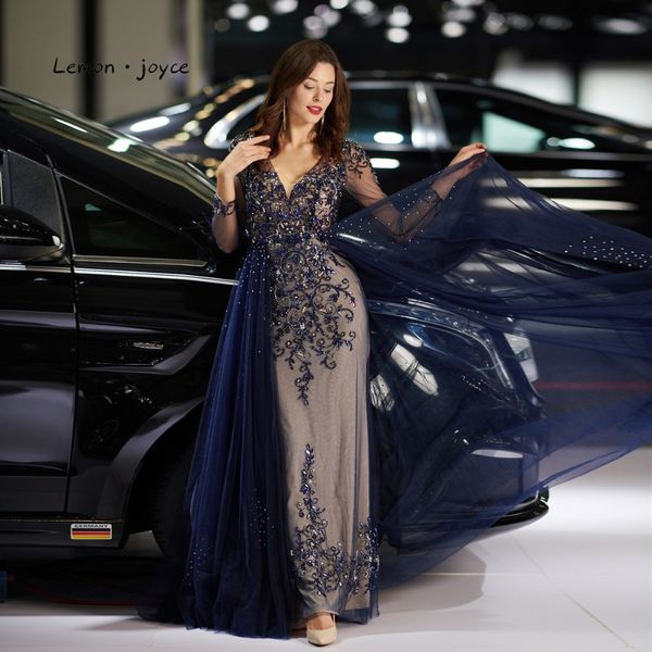 

lemon joyce dark blue evening dresses long sleeves 2019 new style v-neck illusion crystal beading dress party for women, White;black