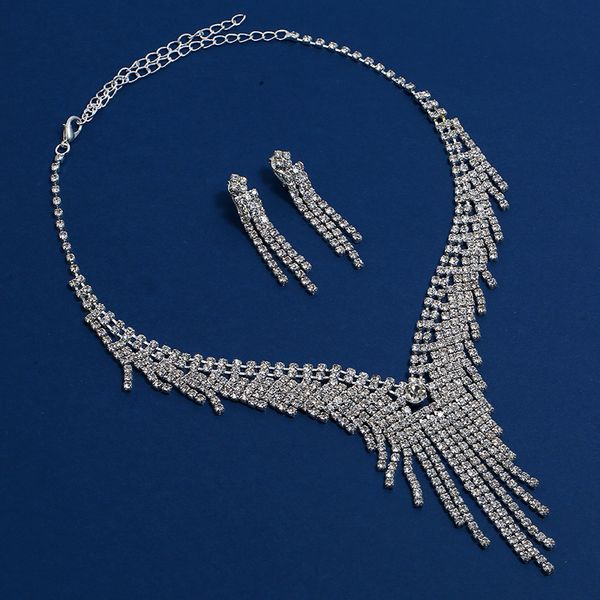 

maxi dhl wholesale simple fashion classic fringed rhinestone necklace earrings set, super shiny diamond tassel wedding jewely, Silver
