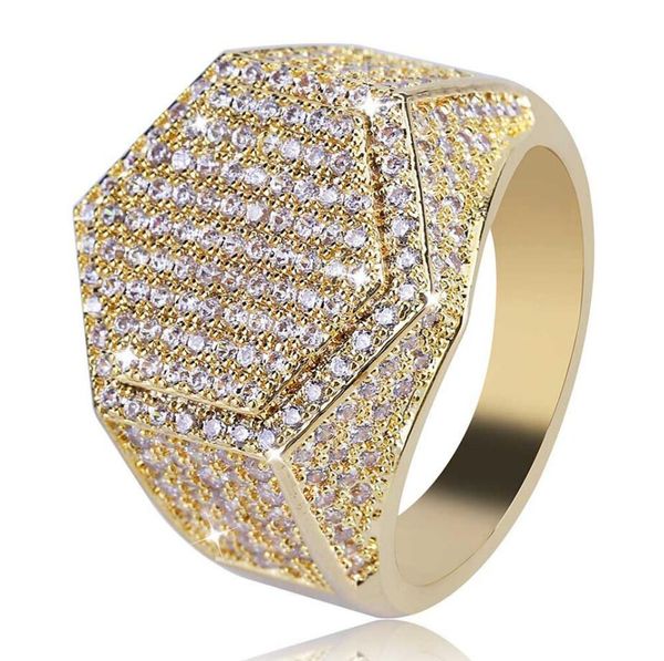

wholesale hip hop copper hexagon crystal rhinestone ring gold silver color plated iced out micro pave zircon ring men bling party jewelry