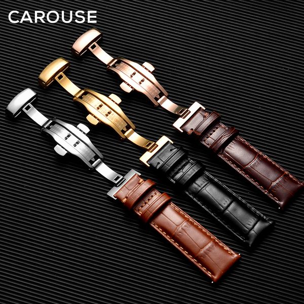 

carouse genuine leather watchband calfskin with butterfly buckle bands bracelet for watch strap sized in 14 16 18 19 20 21 22 mm, Black;brown