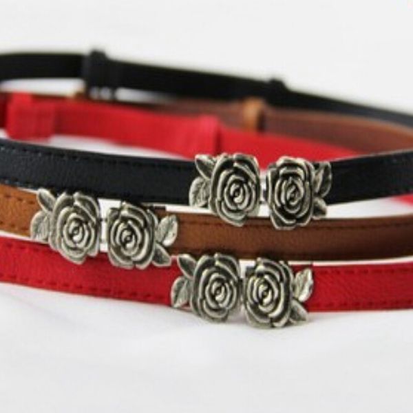 

ly design women girls fashion slim faux leather band rose flowers hook buckle waist belt strap drop shipping, Black;brown