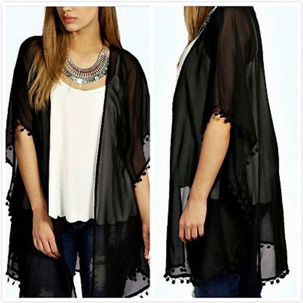

new lace women summer chiffon tassel batwing sleeve long kimono coat cardigan, White