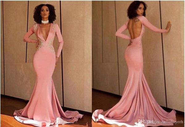 

2019 pink black girls mermaid prom dresses with gold embroidery appliques deep v neck backless long sleeve evening gowns wear