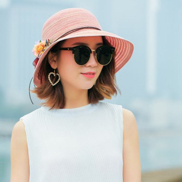 

adisputent summer straw hat female flowers pot cap travel sun visor breathable folding sun hat p beach, Blue;gray