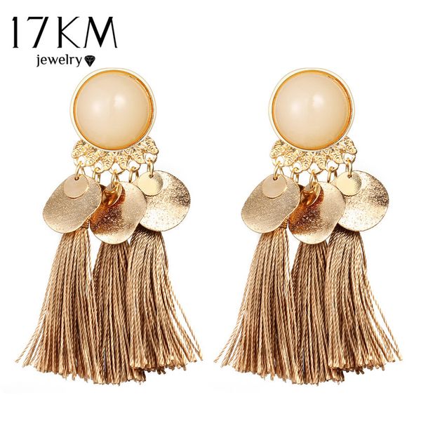 

17km bohemian round tassel drop earrings for women 7 color long fabric pendant dangle earring fabric statement ethnic jewelry, Silver