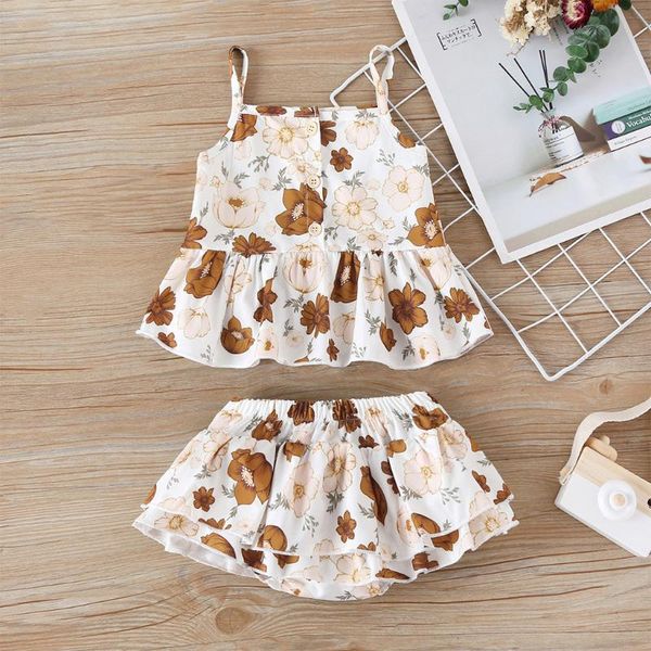 

newborn baby girls suspenders floral vest ruffle shorts outfits set, White