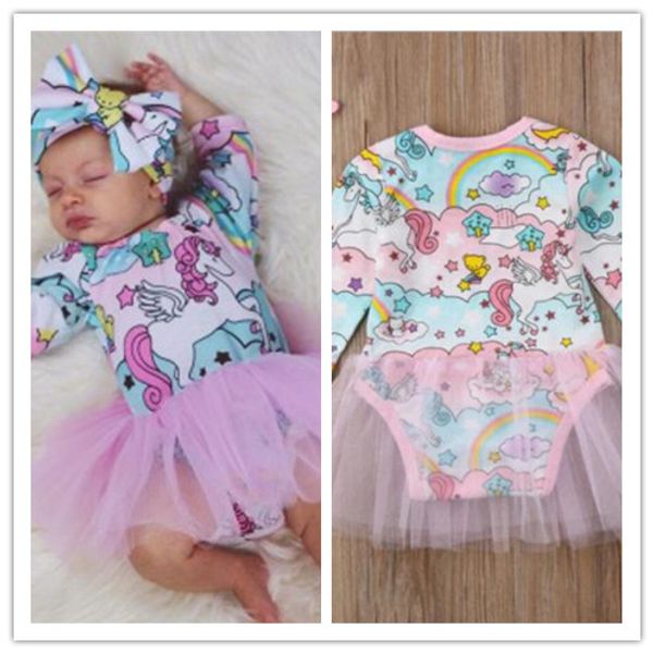 

2020 newborn baby girls mesh skirts infant spring clothing toddler unicorn long sleeve dresses jumpsuit romper pullover boutique e21903, Red;yellow