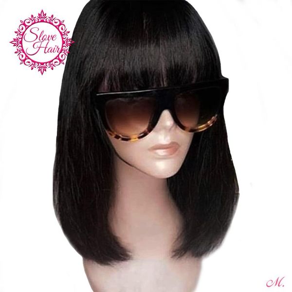 

13x4 short lace front human hair wigs with bangs remy brazilian straight bob fringe wig 130% natural color #4 brown middle ratio, Black;brown
