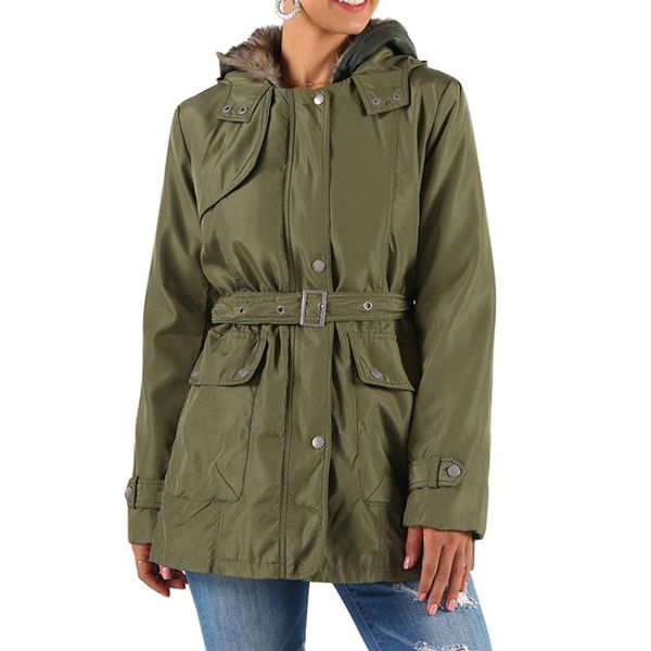 

2020winter women solid hooded parkas faux fur jackets fashion army green slim liner cotton parkas coat female, Black