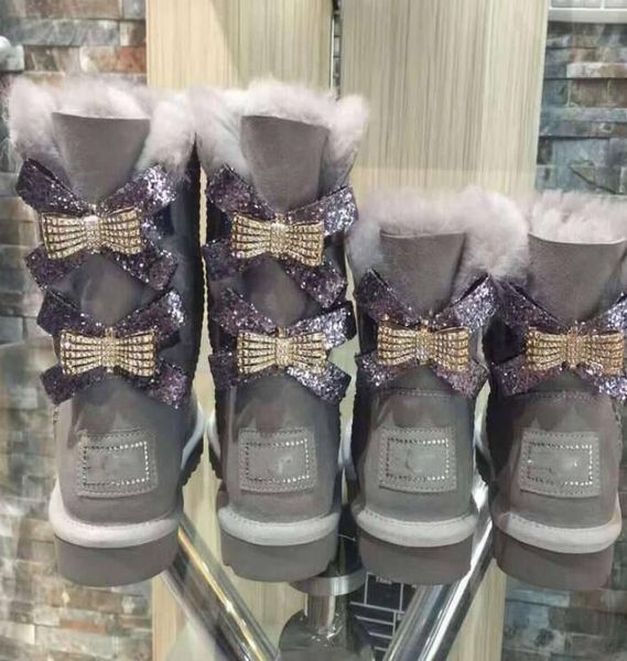 

2020 new australian snow boots middle tube fashion warm women's cotton shoes bowknot drill snowshoe size, Black