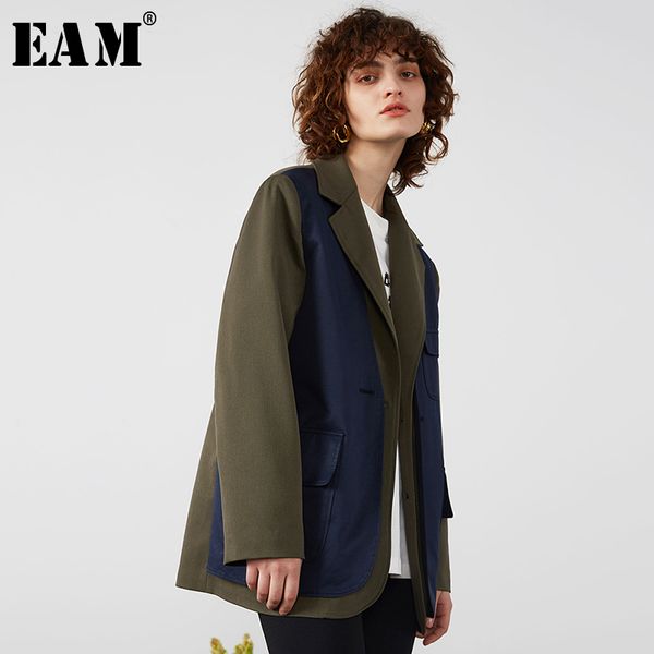 

eam] women green contrast color split blazer new lapel long sleeve loose fit jacket fashion tide spring autumn 2020 1r689, White;black