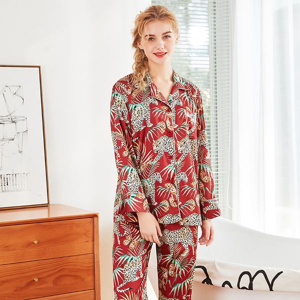 

new women pajamas imitation silk satin set long sleeve sleepwear printing pyjamas suit female two piece loungewear, Blue;gray